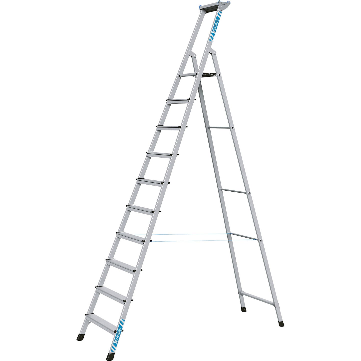 Professional step ladder, single sided access, anodised aluminium, with tool tray, for workshop and industrial use, 10 steps incl. platform.