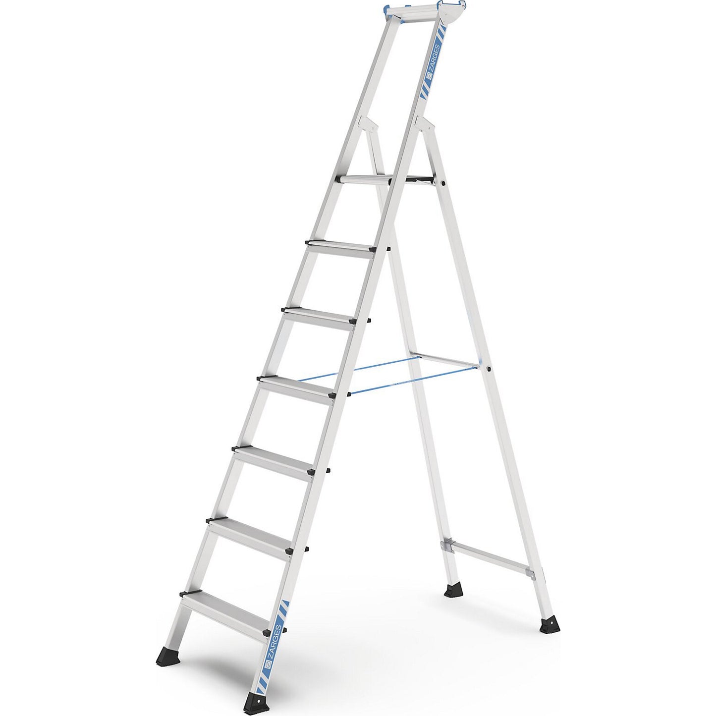 Professional step ladder, single sided access, anodised aluminium, with tool tray, for workshop and industrial use, 7 steps inclusive platforms.