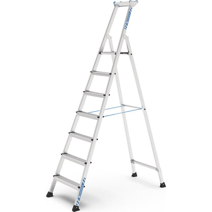 Professional step ladder, single sided access, anodised aluminium, with tool tray, for workshop and industrial use, 7 steps inclusive platforms.