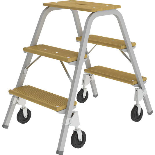 Tubular steel steps with wooden steps, with 4 braked castors, 3 steps incl. platform.
