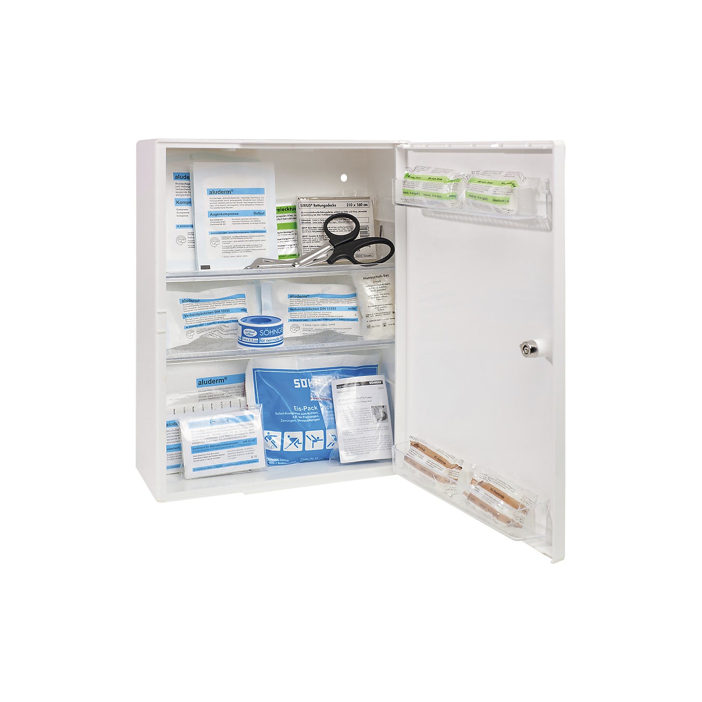 First aid cupboard, DIN 13157, with contents, white, depth 150 mm, HxW 429 x 315 mm.