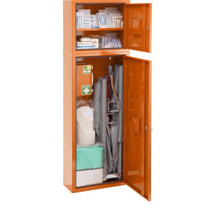 Emergency cabinet, DIN 13157 compliant, signal orange, HxWxD 1540 x 490 x 200 mm, with contents and first aid case.