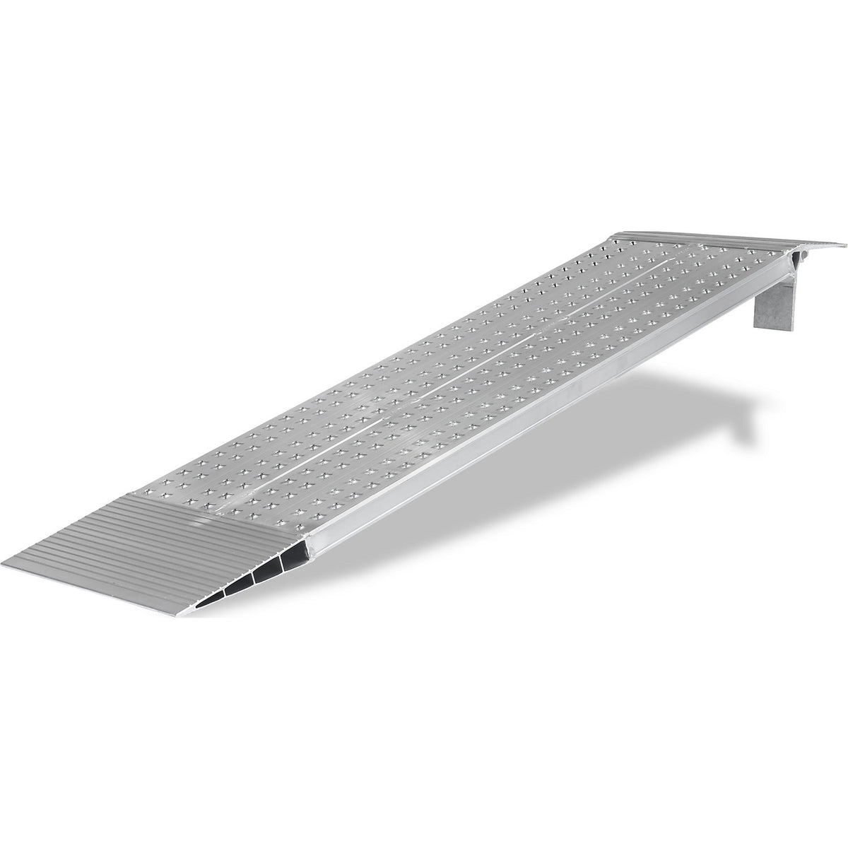 Aluminium loading ramp, perforated walking surface, max. load 1110 kg, ramp width 600 mm.