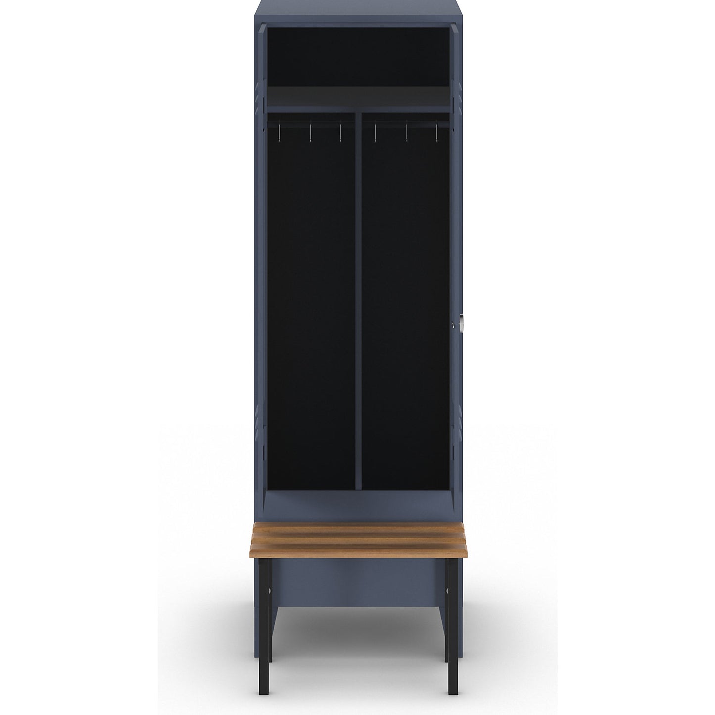Berlin 2 clean and dirty locker with bench seat, centre divider, 1 compartment, blue grey, W 600 mm, bench mounted in front, beech wood.