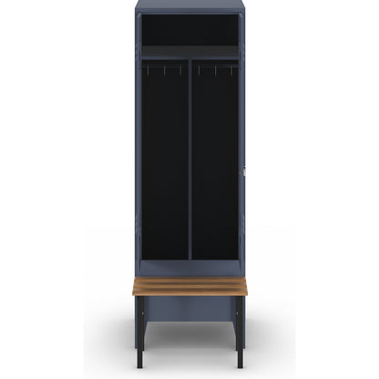 Berlin 2 clean and dirty locker with bench seat, centre divider, 1 compartment, blue grey, W 600 mm, bench mounted in front, beech wood.