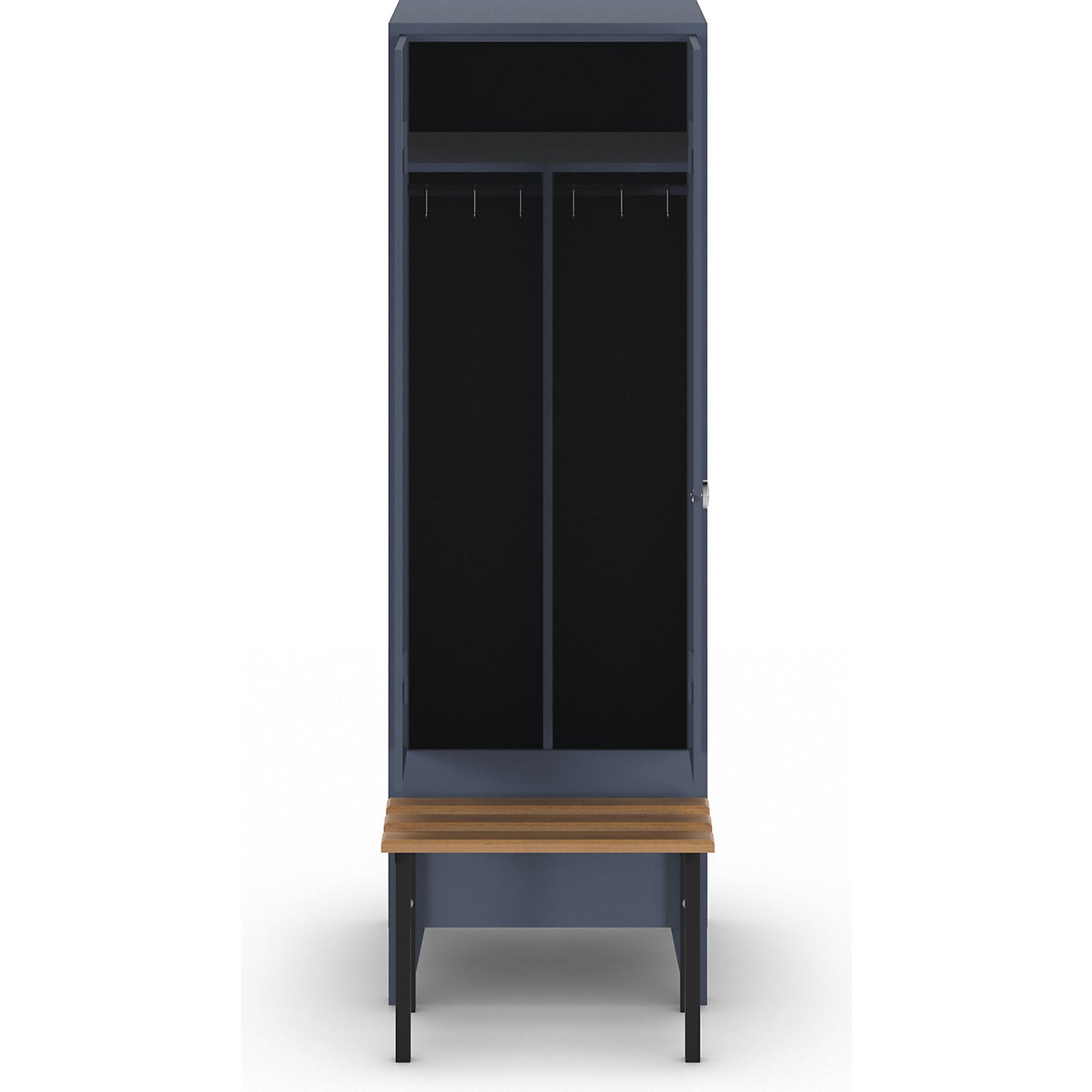 Berlin 1 clean and dirty locker with bench seat, centre divider, 1 compartment, blue grey, W 600 mm, bench mounted in front, beech wood.