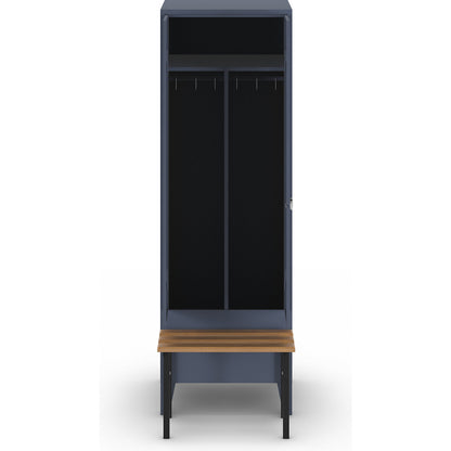 Berlin 1 clean and dirty locker with bench seat, centre divider, 1 compartment, blue grey, W 600 mm, bench mounted in front, beech wood.