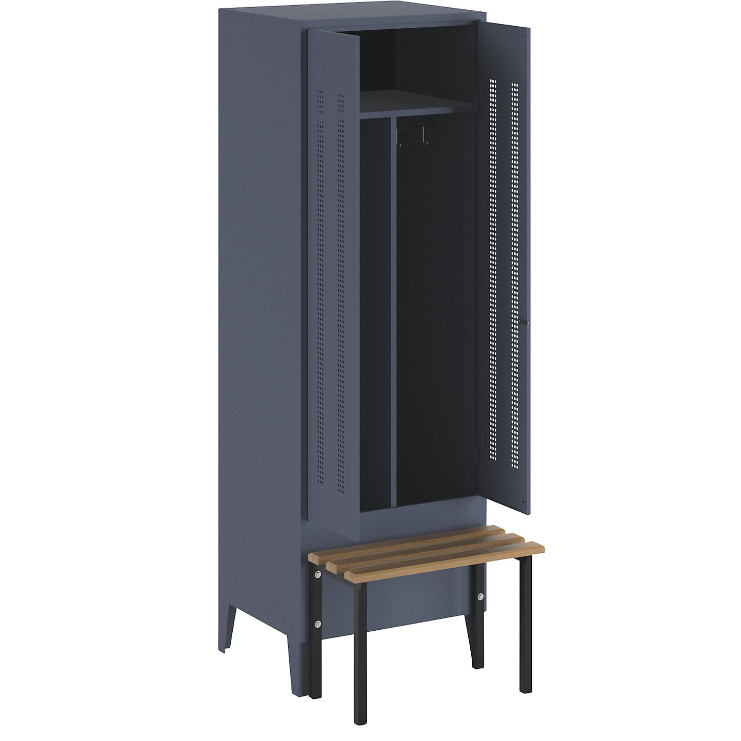 Berlin 1 clean and dirty locker with bench seat, centre divider, 1 compartment, blue grey, W 600 mm, bench mounted in front, beech wood.