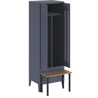 Berlin 1 clean and dirty locker with bench seat, centre divider, 1 compartment, blue grey, W 600 mm, bench mounted in front, beech wood.
