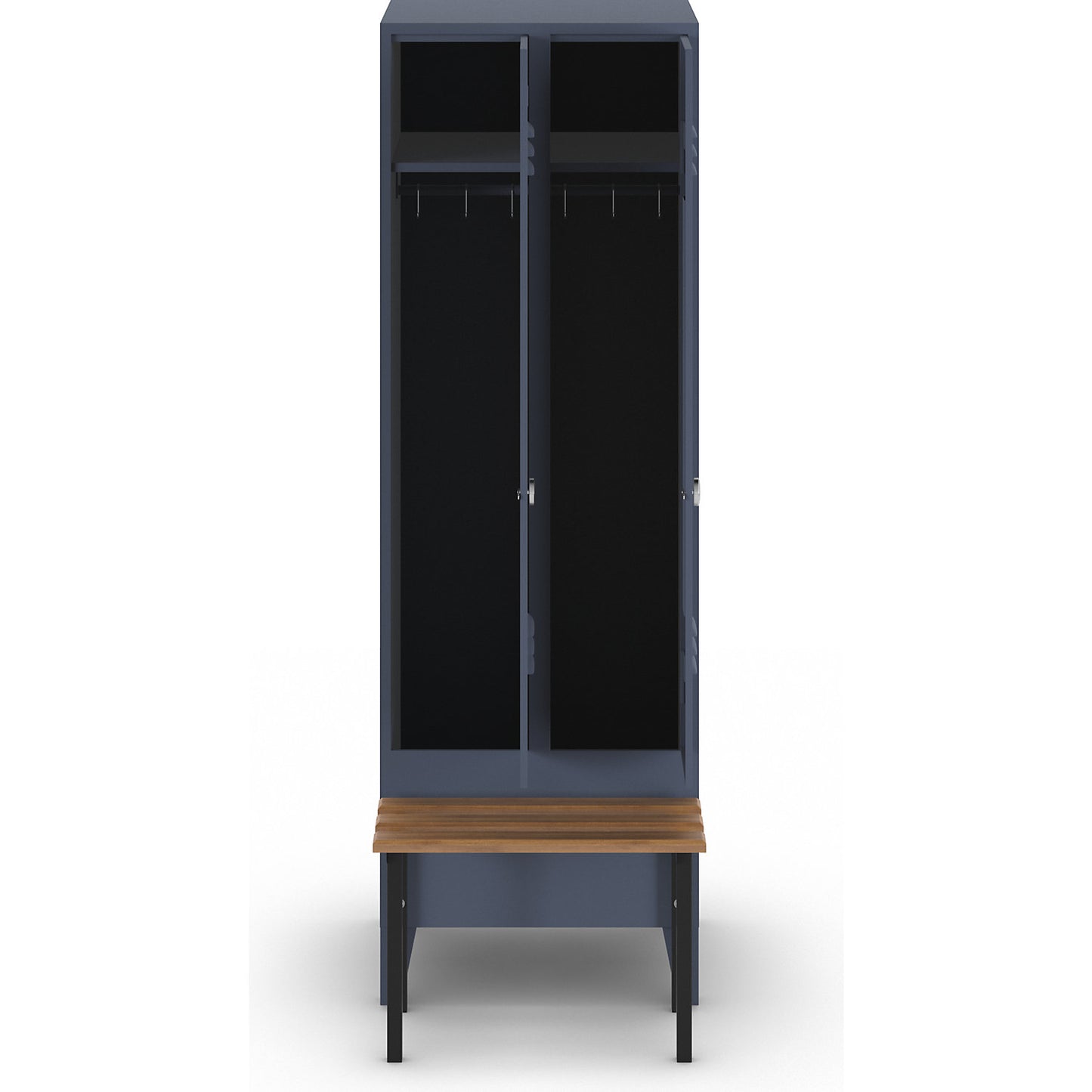 Berlin 2 clothes locker with bench seat, 2 compartments, blue grey, W 600 mm, bench mounted in front, beech wood.