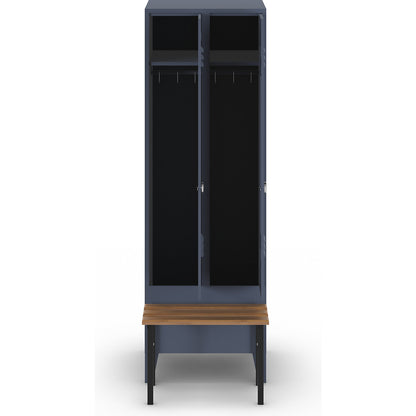Berlin 2 clothes locker with bench seat, 2 compartments, blue grey, W 600 mm, bench mounted in front, beech wood.