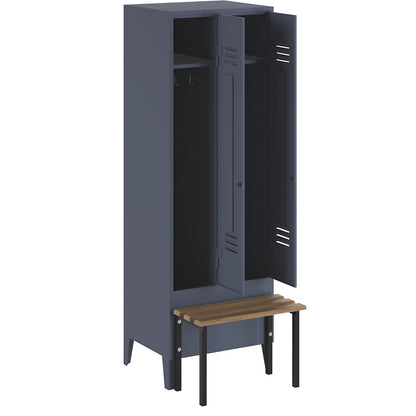 Berlin 2 clothes locker with bench seat, 2 compartments, blue grey, W 600 mm, bench mounted in front, beech wood.