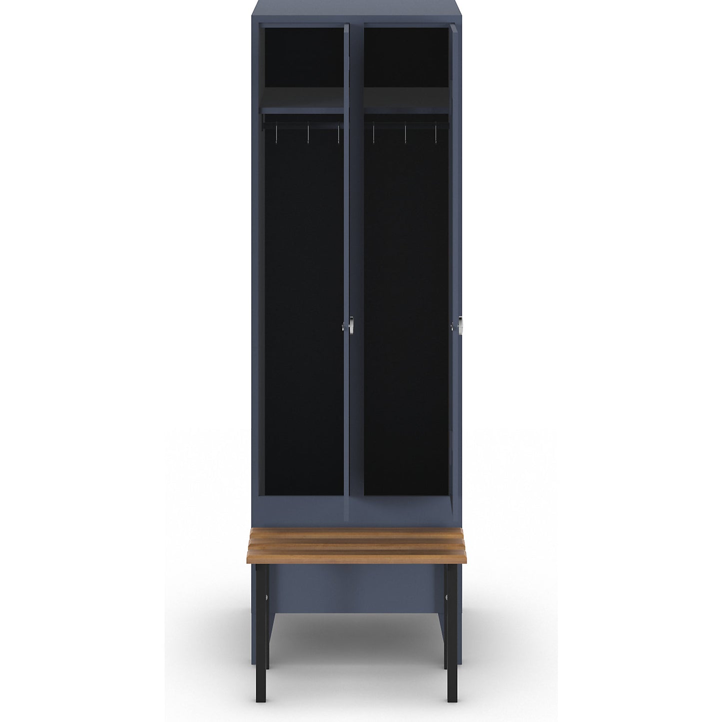 Berlin 1 bench seat clothes locker, 2 compartments, blue grey, W 600 mm, bench mounted in front, beech wood.