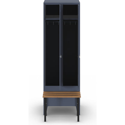 Berlin 1 bench seat clothes locker, 2 compartments, blue grey, W 600 mm, bench mounted in front, beech wood.