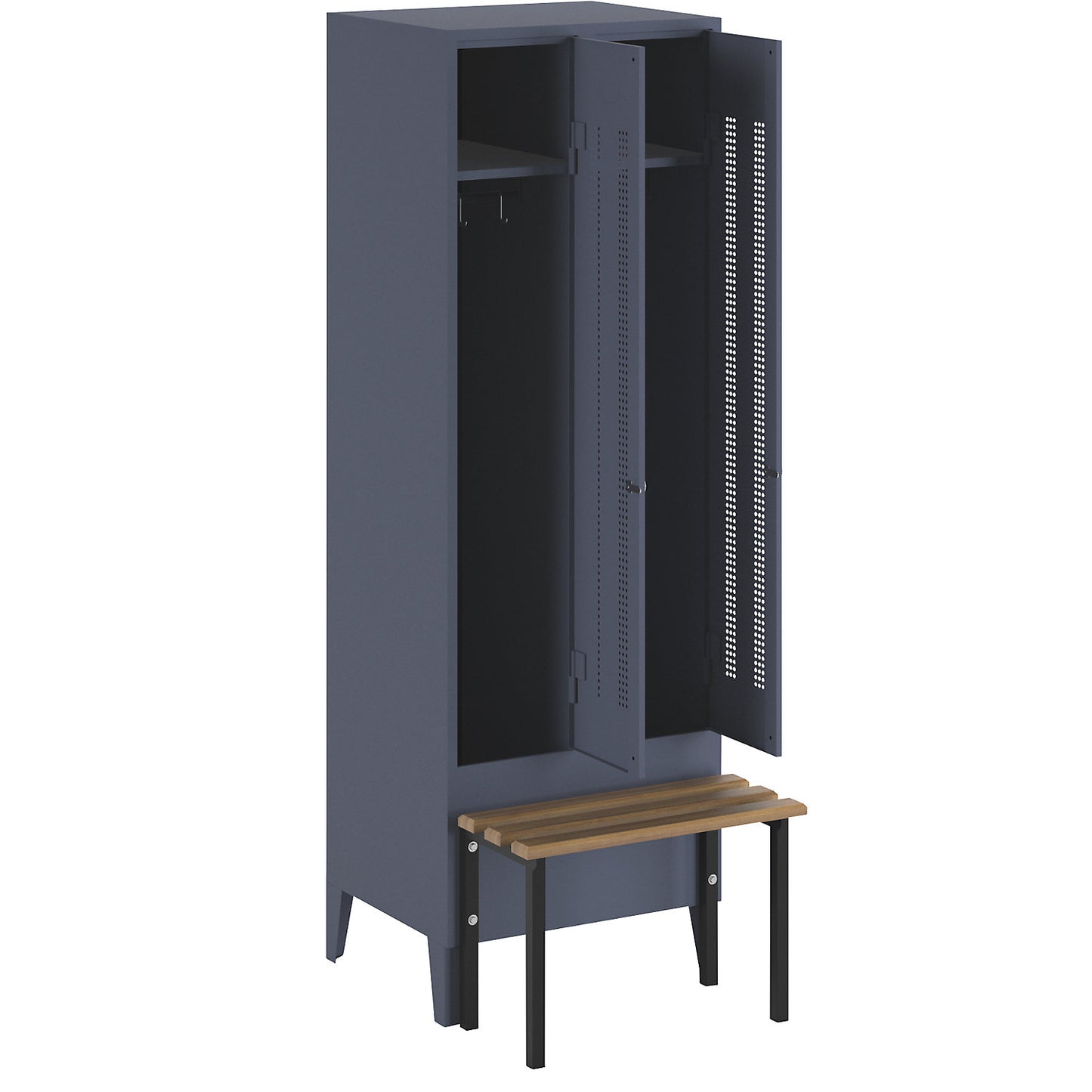 Berlin 1 bench seat clothes locker, 2 compartments, blue grey, W 600 mm, bench mounted in front, beech wood.