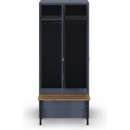 Berlin 2 clothes locker with bench seat, 2 compartments, blue grey, W 800 mm, bench mounted in front, beech wood.