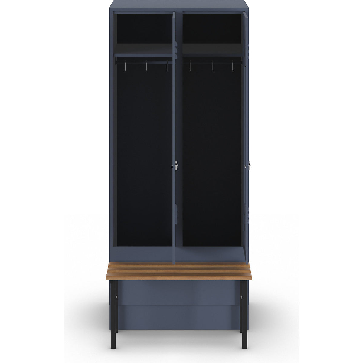 Berlin 2 clothes locker with bench seat, 2 compartments, blue grey, W 800 mm, bench mounted in front, beech wood.