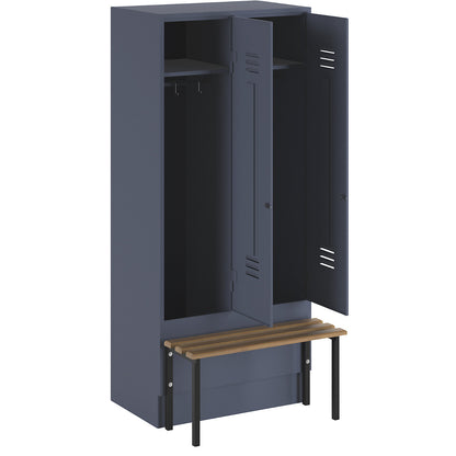 Berlin 2 clothes locker with bench seat, 2 compartments, blue grey, W 800 mm, bench mounted in front, beech wood.
