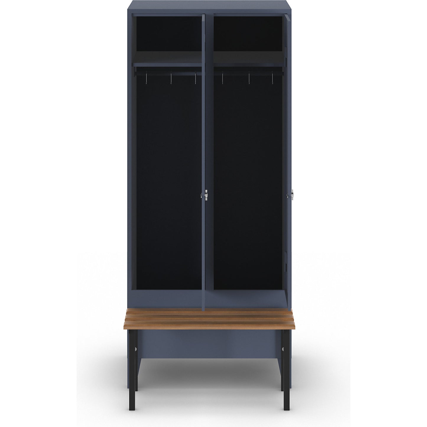 Berlin 1 bench seat clothes locker, 2 compartments, blue grey, W 800 mm, bench mounted in front, beech wood.