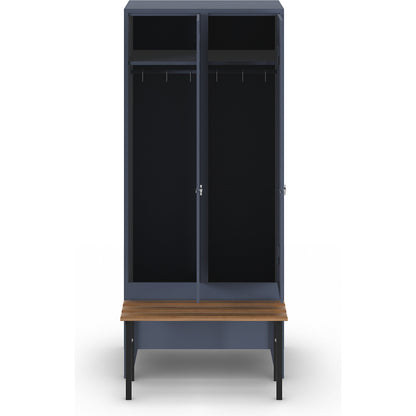 Berlin 1 bench seat clothes locker, 2 compartments, blue grey, W 800 mm, bench mounted in front, beech wood.