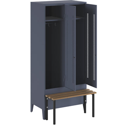Berlin 1 bench seat clothes locker, 2 compartments, blue grey, W 800 mm, bench mounted in front, beech wood.