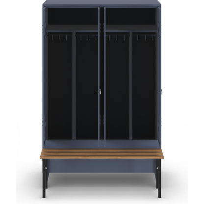 Berlin 2 clean and dirty locker with bench seat, centre divider, 2 compartments, blue grey, W 1200 mm, bench mounted in front, beech wood.