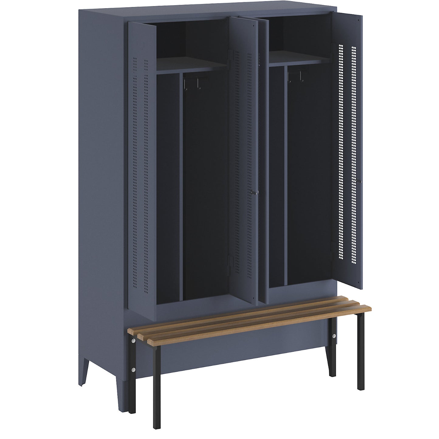 Berlin 1 clean and dirty locker with bench seat, centre divider, 2 compartments, blue grey, W 1200 mm, bench mounted in front, beech wood.