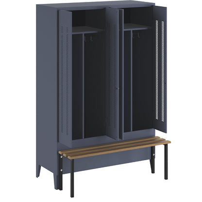 Berlin 1 clean and dirty locker with bench seat, centre divider, 2 compartments, blue grey, W 1200 mm, bench mounted in front, beech wood.
