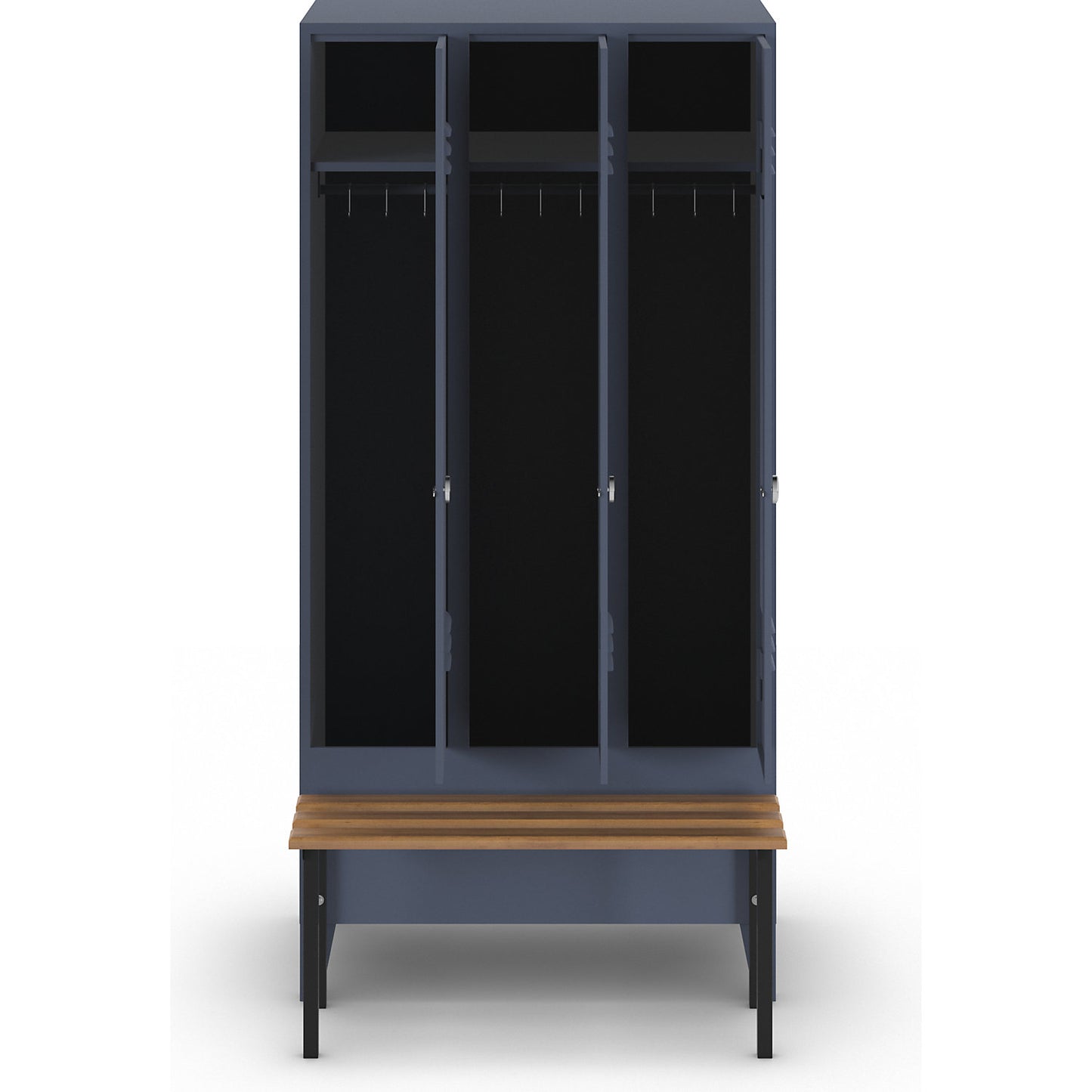 Berlin 2 clothes locker with bench seat, 3 compartments, blue grey, W 900 mm, bench mounted in front, beech wood.