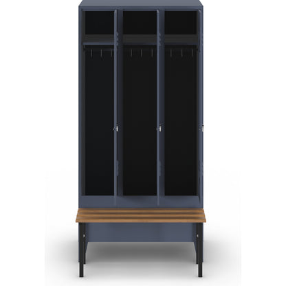 Berlin 2 clothes locker with bench seat, 3 compartments, blue grey, W 900 mm, bench mounted in front, beech wood.