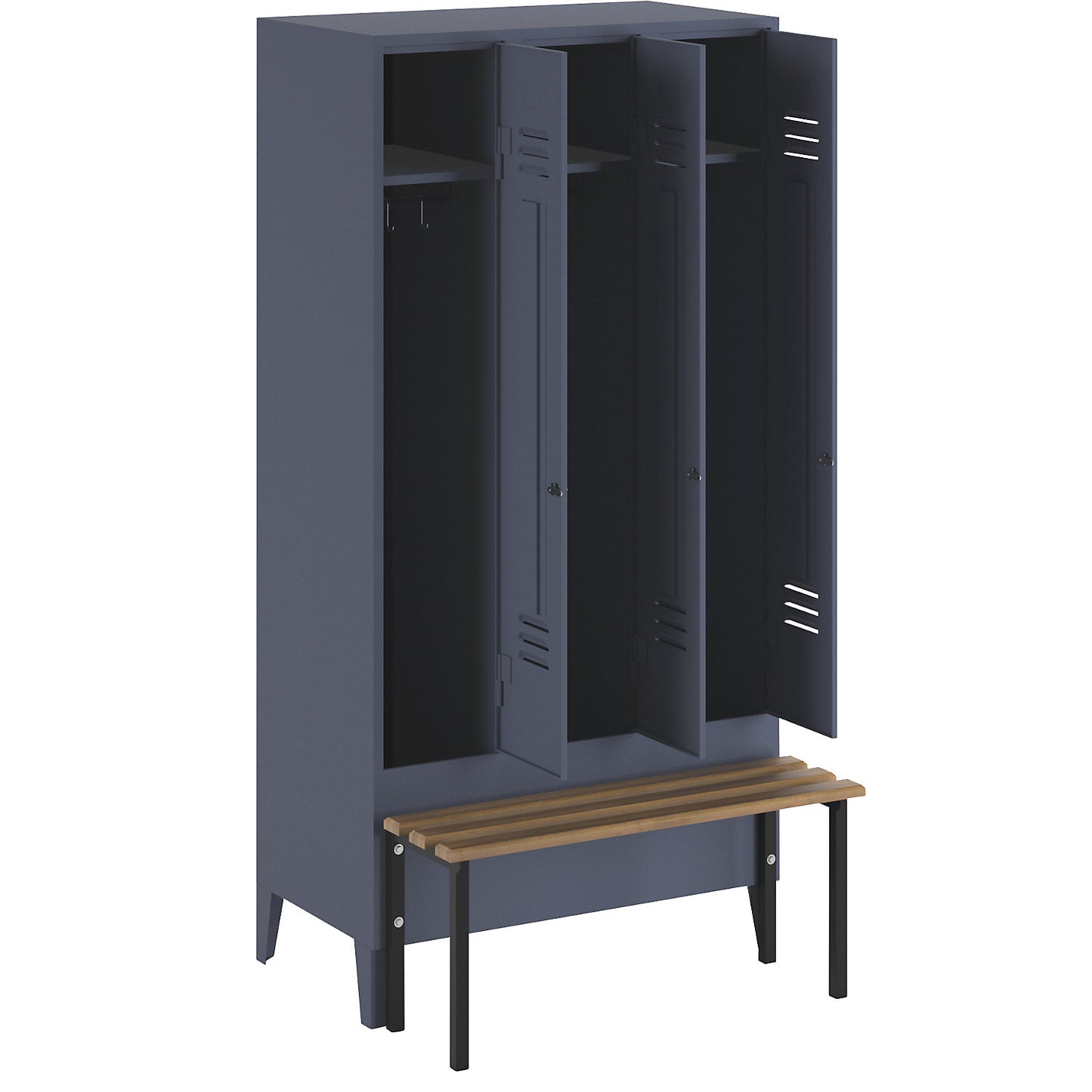 Berlin 2 clothes locker with bench seat, 3 compartments, blue grey, W 900 mm, bench mounted in front, beech wood.