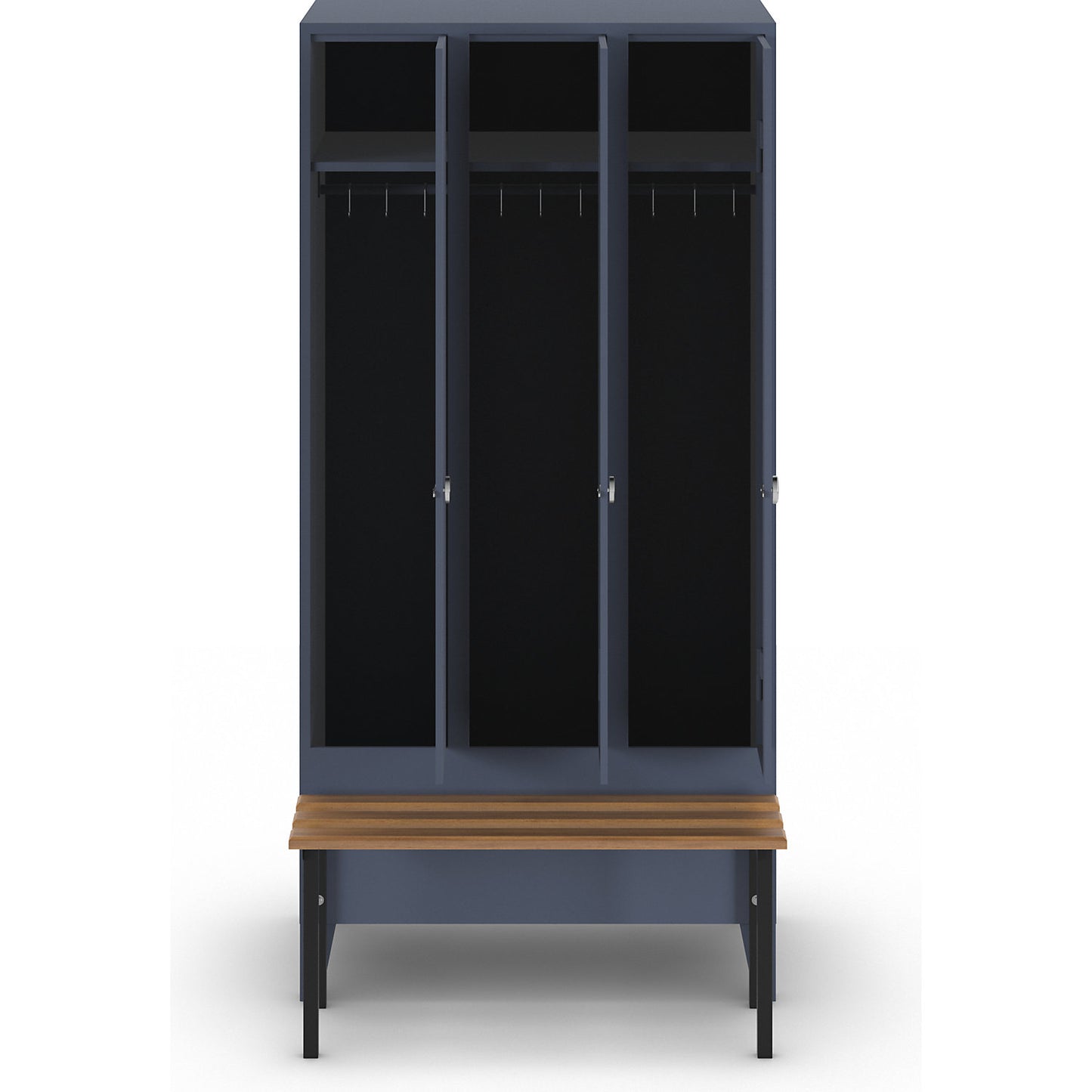Berlin 1 bench seat clothes locker, 3 compartments, blue grey, W 900 mm, bench mounted in front, beech wood.