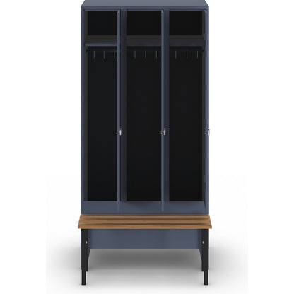 Berlin 1 bench seat clothes locker, 3 compartments, blue grey, W 900 mm, bench mounted in front, beech wood.