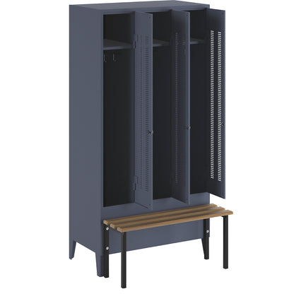 Berlin 1 bench seat clothes locker, 3 compartments, blue grey, W 900 mm, bench mounted in front, beech wood.