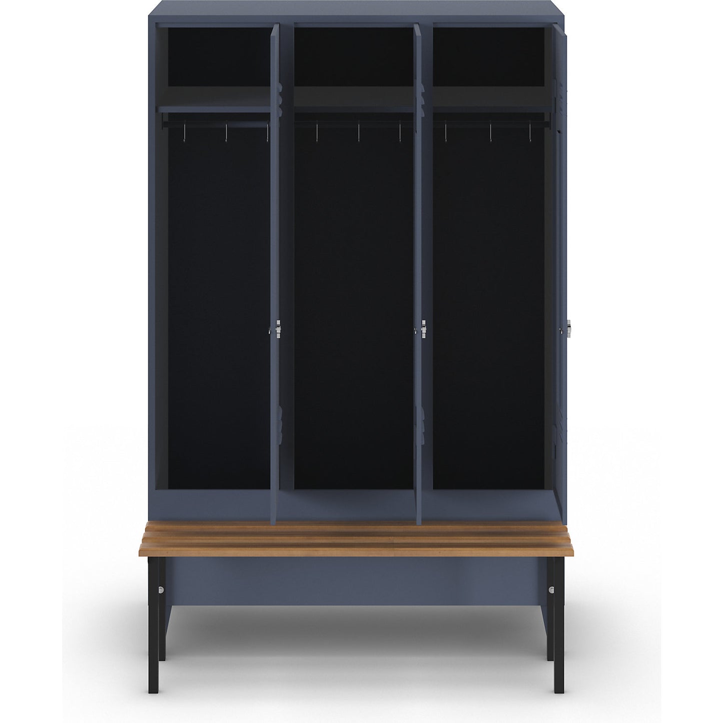 Berlin 2 clothes locker with bench seat, 3 compartments, blue grey, W 1200 mm, bench mounted in front, beech wood.