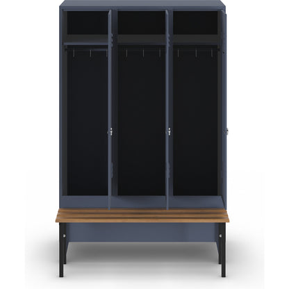 Berlin 2 clothes locker with bench seat, 3 compartments, blue grey, W 1200 mm, bench mounted in front, beech wood.