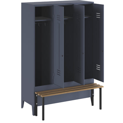 Berlin 2 clothes locker with bench seat, 3 compartments, blue grey, W 1200 mm, bench mounted in front, beech wood.
