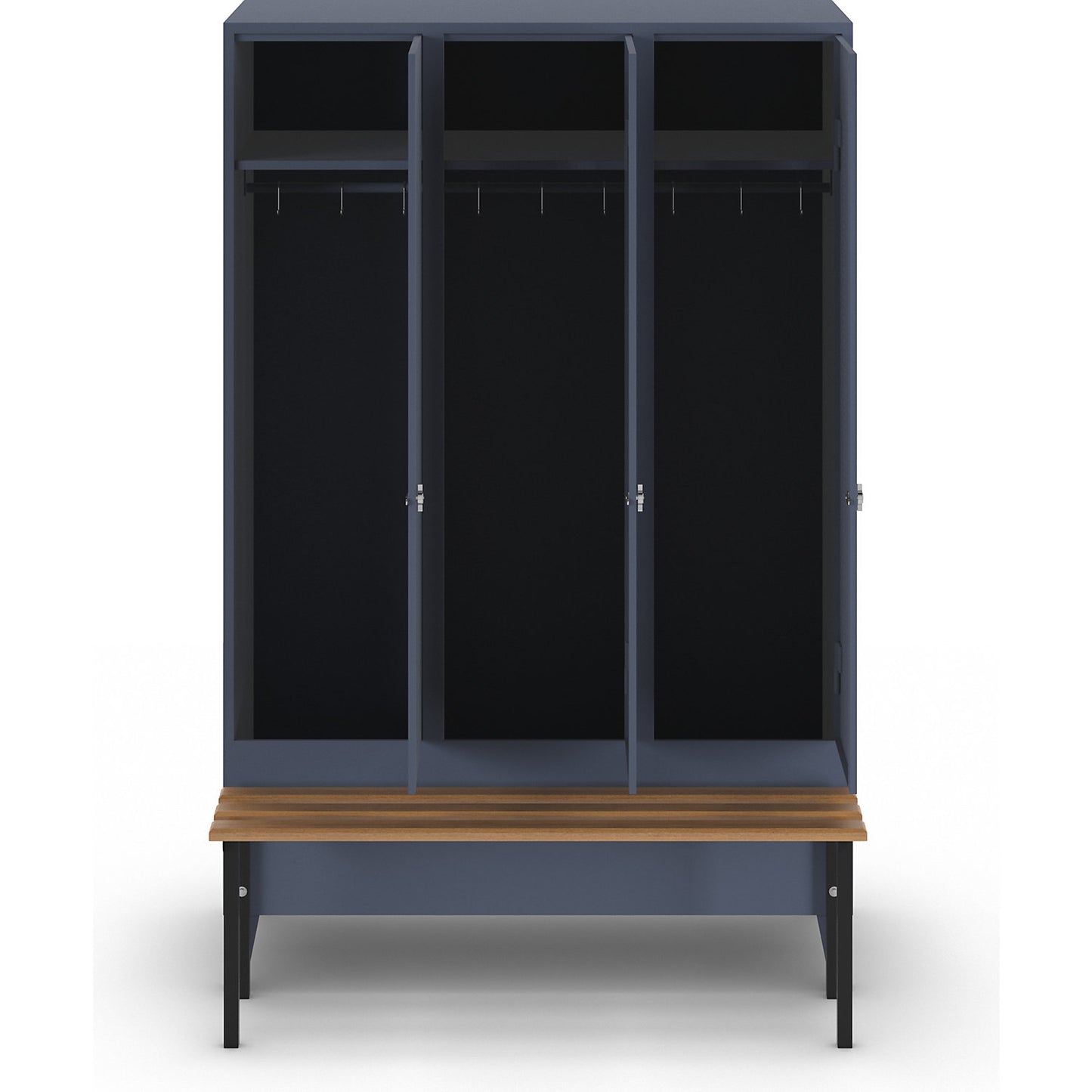 Berlin 1 bench seat clothes locker, 3 compartments, blue grey, W 1200 mm, bench mounted in front, beech wood.