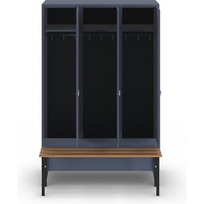 Berlin 1 bench seat clothes locker, 3 compartments, blue grey, W 1200 mm, bench mounted in front, beech wood.