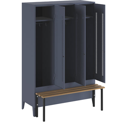Berlin 1 bench seat clothes locker, 3 compartments, blue grey, W 1200 mm, bench mounted in front, beech wood.