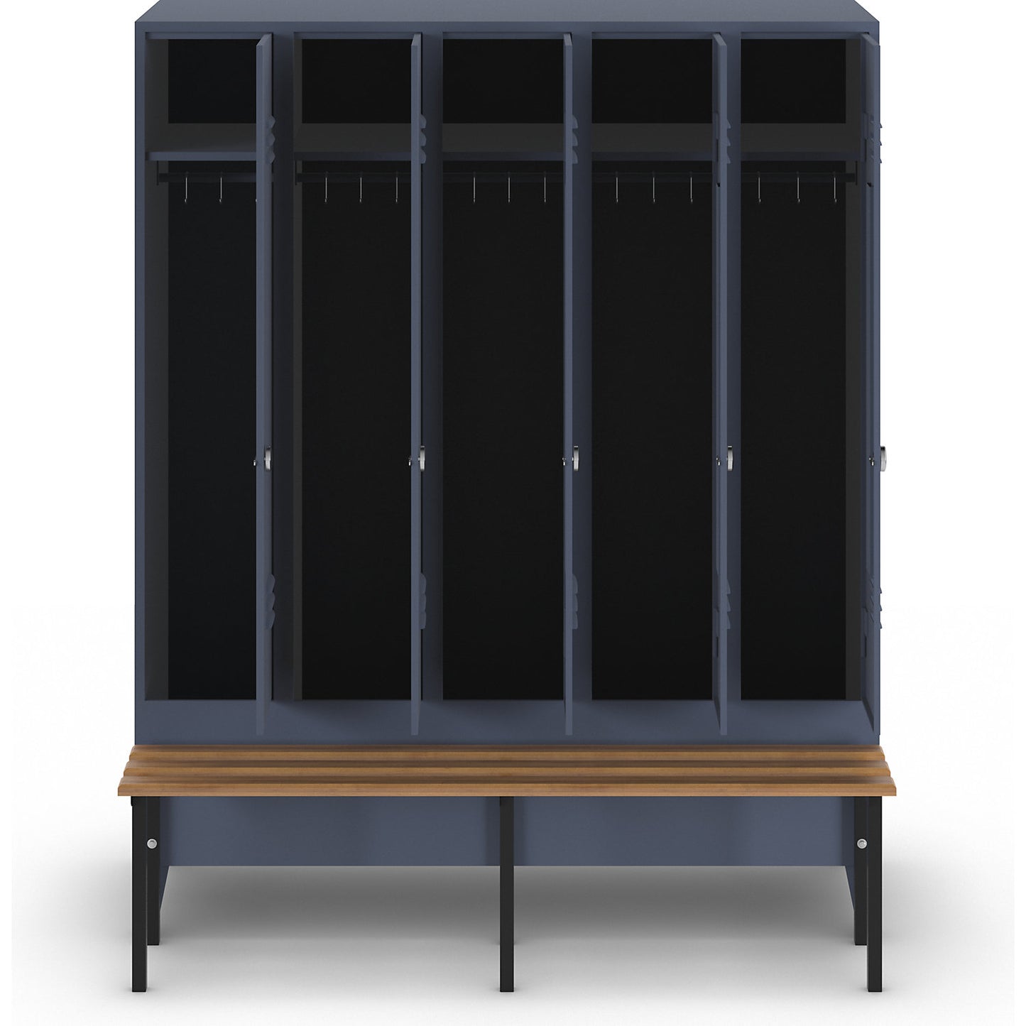 Berlin 2 clothes locker with bench seat, 5 compartments, blue grey, W 1500 mm, bench mounted in front, beech wood.