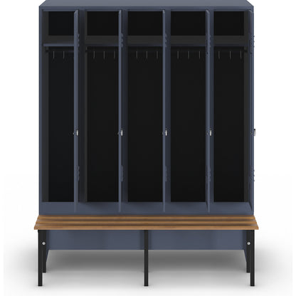 Berlin 2 clothes locker with bench seat, 5 compartments, blue grey, W 1500 mm, bench mounted in front, beech wood.