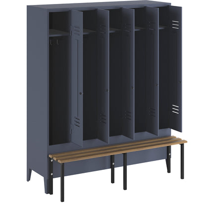Berlin 2 clothes locker with bench seat, 5 compartments, blue grey, W 1500 mm, bench mounted in front, beech wood.