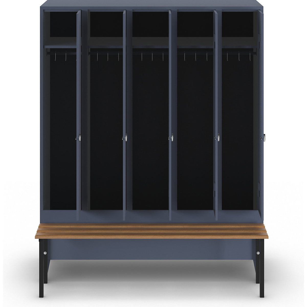 Berlin 1 bench seat clothes locker, 5 compartments, blue grey, W 1500 mm, bench mounted in front, beech wood.
