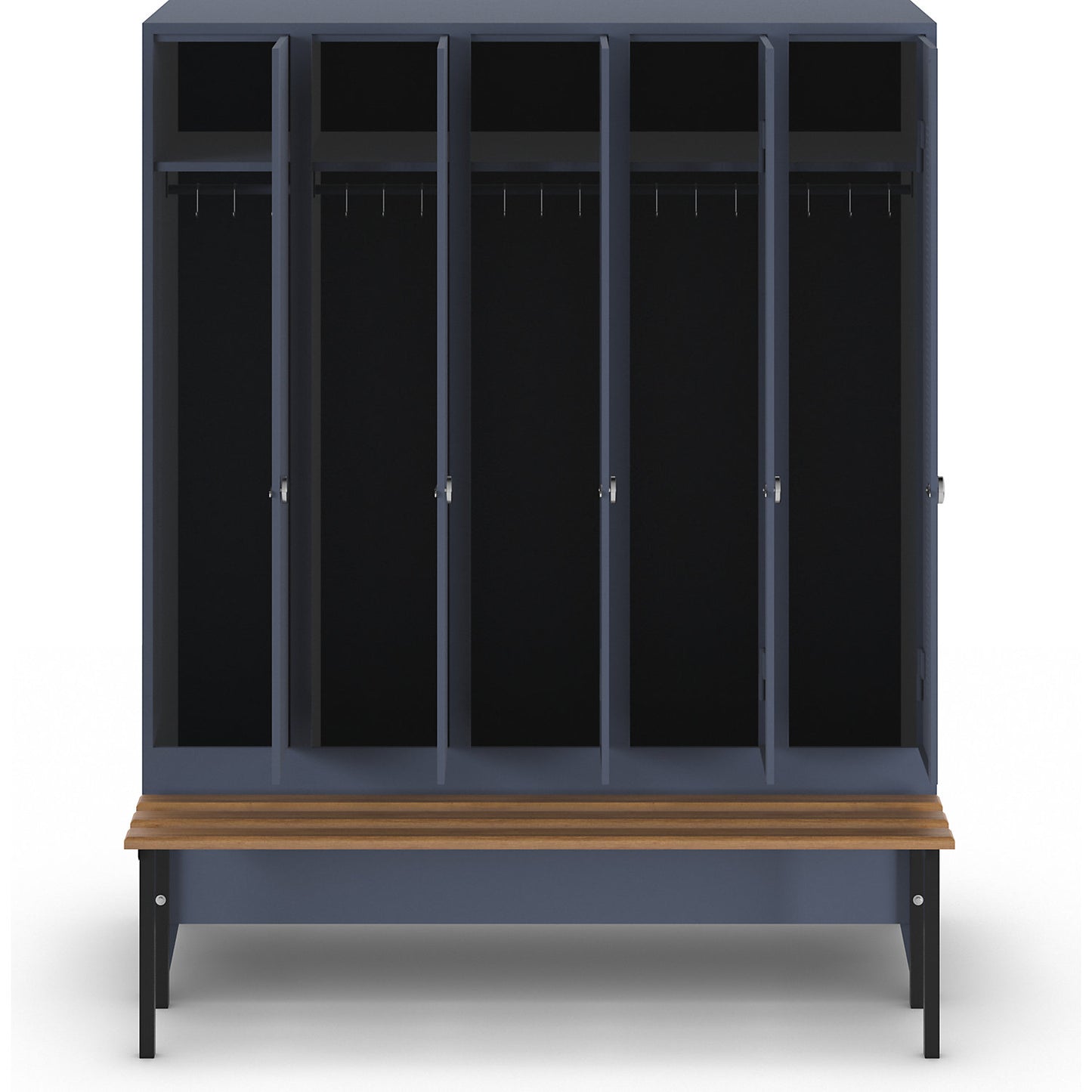 Berlin 1 bench seat clothes locker, 5 compartments, blue grey, W 1500 mm, bench mounted in front, beech wood.
