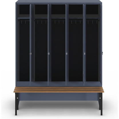 Berlin 1 bench seat clothes locker, 5 compartments, blue grey, W 1500 mm, bench mounted in front, beech wood.