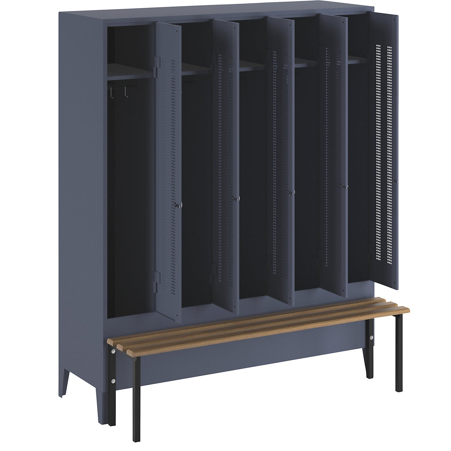 Berlin 1 bench seat clothes locker, 5 compartments, blue grey, W 1500 mm, bench mounted in front, beech wood.