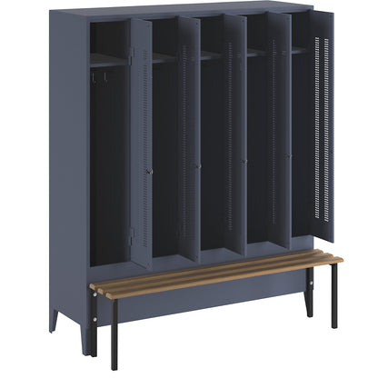 Berlin 1 bench seat clothes locker, 5 compartments, blue grey, W 1500 mm, bench mounted in front, beech wood.