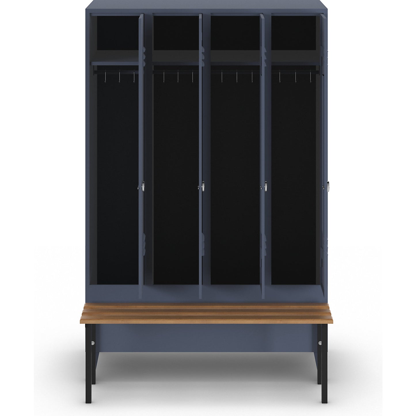 Berlin 2 clothes locker with bench seat, 4 compartments, blue grey, W 1200 mm, bench mounted in front, beech wood.