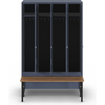Berlin 2 clothes locker with bench seat, 4 compartments, blue grey, W 1200 mm, bench mounted in front, beech wood.
